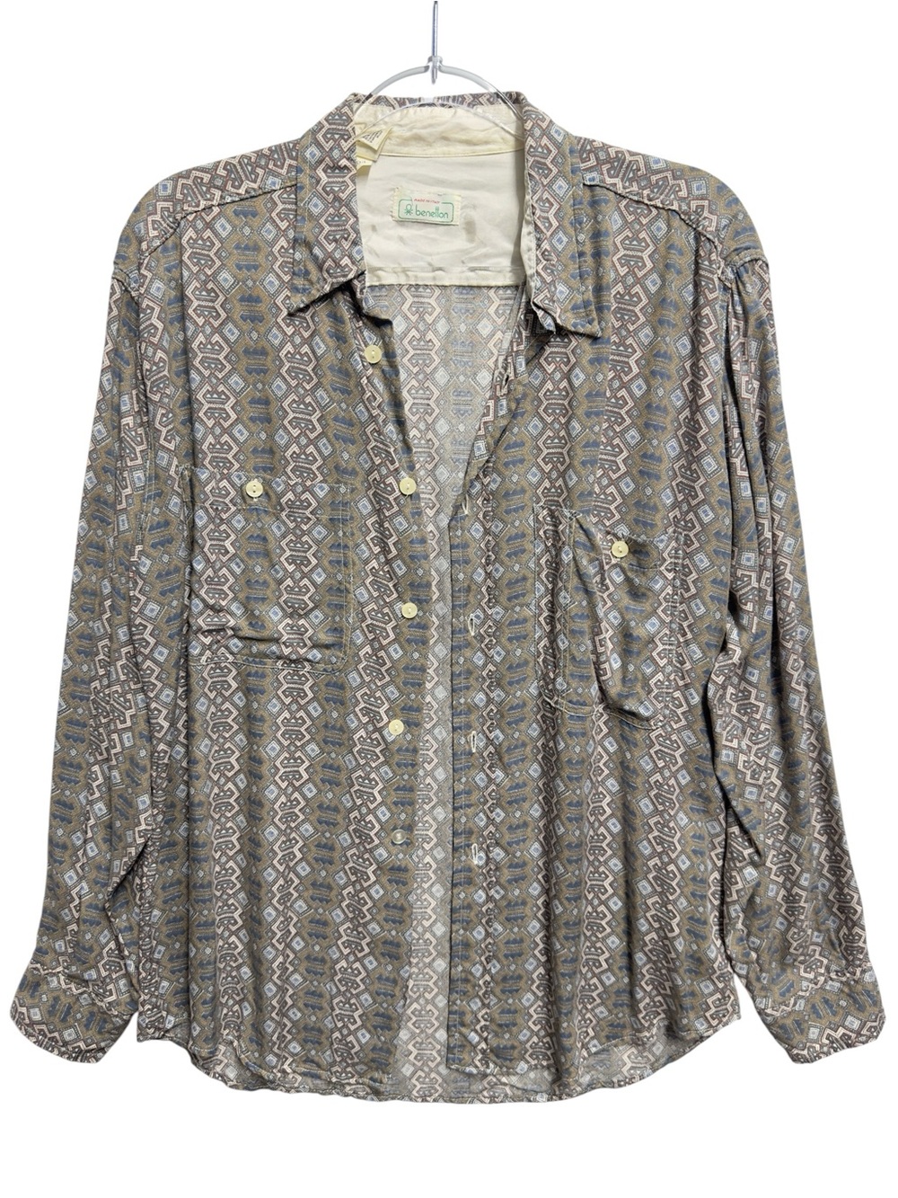 United Colors Of Benetton Men's Button-Down Shirt in Beige, Blue and Gray